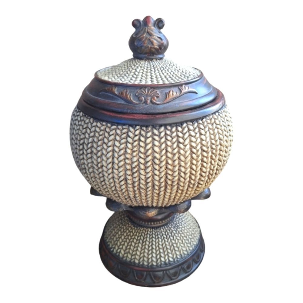 Ornate Lidded Jar Pedestal Spherical Finial Heavy Carved Woven Resin Urn Decor